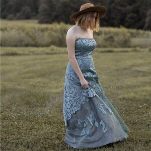 Rene Ruiz Strapless Teal and Gray Dress Formal Gown Size 6